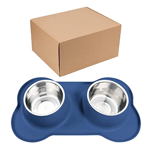 AsFrost Dog Food Bowls Stainless Steel Dog Food & Water Bowl Set with No Spill No Slip Silicone Mat, Dog Dishes for Small Medium Size Dogs Pet Cat Puppy Food Feeding Bowls, Blue, 24oz, 3 Cup - color: BLUE, size: 3 Cup/27 oz each