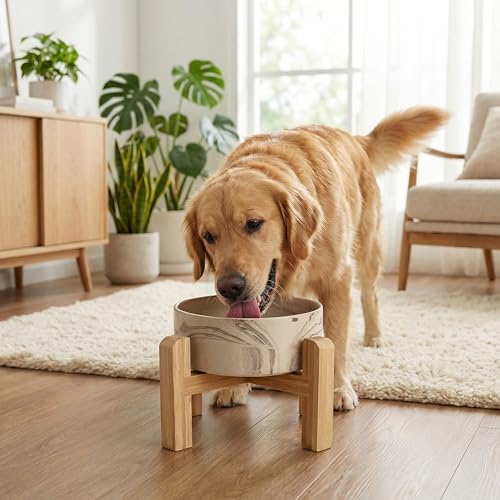 hjn Elevated Ceramic Dog Bowl with Bamboo Stand, Raised Pet Feeding Station for Small Medium Dogs Cats, Modern Design with Anti-Slip Base (Marble Brown, 7.6Cup) - color: Marble Brown, size: 7.6Cup