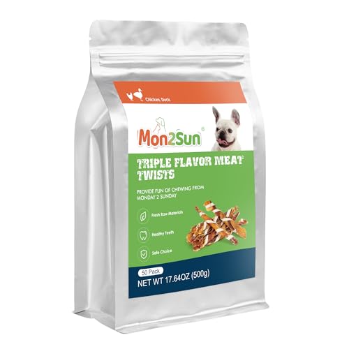 MON2SUN Dog Treats, Triple Flavor Jerky Twist Sticks, 4.5-5 Inch Chicken Duck and Codfish Sticks Chews for Small Dogs, Healthy Snacks, 17.64 oz (50 Count-Pack of 1) - size: 1.1 Pound (Pack of 1), style: 4.5-5 Inch