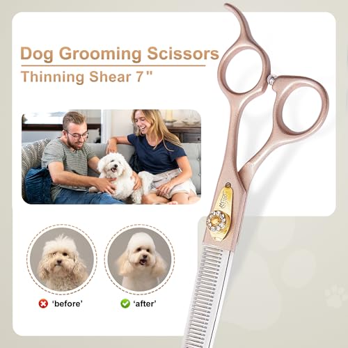 Professional Dog Grooming Scissors Rose Gold 440C Stainless Steel Straight Thinning Curved Chunker Shears for Pet Grooming Services Dogs and Cats (Thinning, 7‘’) - size: 7‘’, style: Thinning