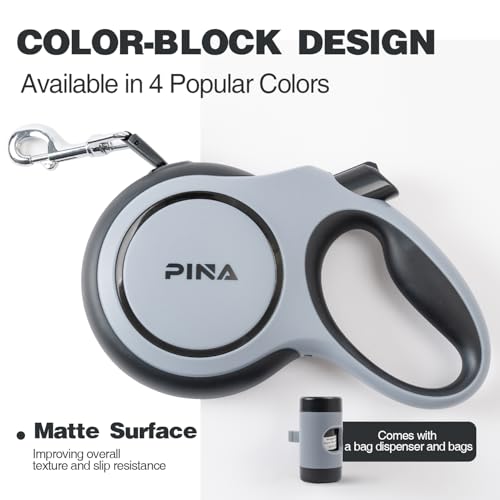 PINA Upgraded Retractable Dog Leash, 26 ft Dog Leash for Small Medium Large Dogs Up to 110lbs, Heavy Duty Reflective Nylon Tape 360° Tangle-Free, with Anti-Slip Handle, One-Handed Brake, Pause, Lock - color: Grey