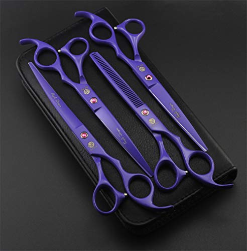 Purple Dragon Professional 7.0 inch 4PCS Pet Grooming Scissors Kit Japan Premium Steel Straight & Curved & Thinning Blade Dog Hair Cutting Shears Set with Case - color: Violet