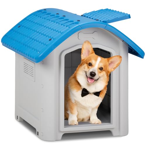 28 inch Raised Plastic Dog House, Outdoor Indoor Doghouse with Adjustable Sunroof and Elevated Base, Water Resistant Pet House Animal Puppy Shelter Kennel for Small Medium Dogs, Blue & White