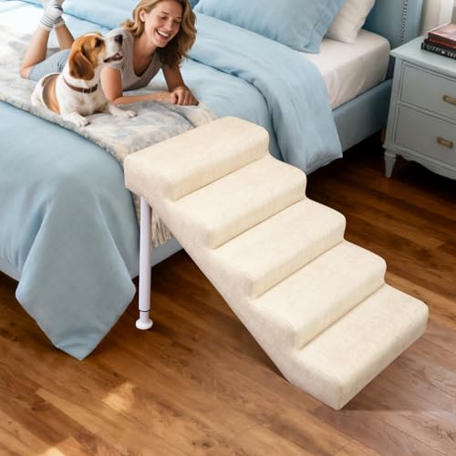 Linen Faux Leather Adjustable Dog Stairs & Steps for Bed and Sofa, 5-Step | Adjustable Height 18.5"-23.6" Pet Ramp for Small to Large Dogs,150lbs Load Capacity,Waterproof, Scratch-Resistant