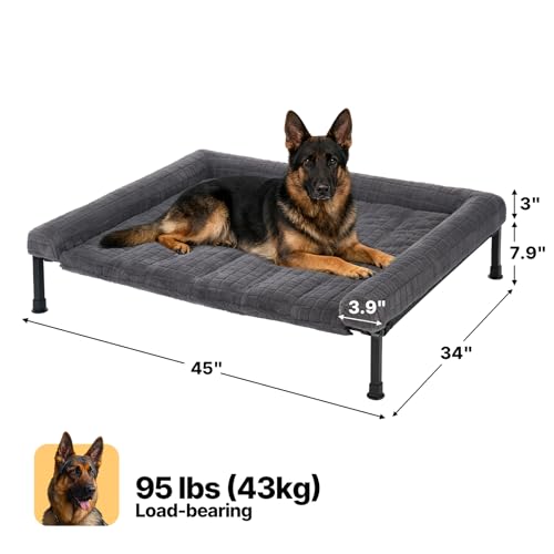 Veehoo Elevated Dog Bed Large Sized with Fluffy Plush Bolster Cushion, Washable Orthopedic Dog Couch Bed, Cooling Raised Pet Cot with Removable Mat, Breathable Mesh, No-Slip Feet, 45 x 34 inches, Grey - color: Grey, size: 45"L x 34"W x 7.9"Th