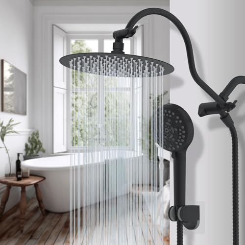 Hibbent All Metal CUPC Certified Shower Head, 10'' High Pressure Rainfall Shower Head, Handheld Showerhead Combo with 12'' Adjustable Extension Arm, 10-Spray, 71'' Hose, Shower Holder, Matte Black - color: Matte Black, style: Round 10''