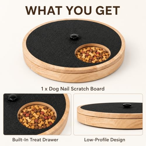 Dog Nail Scratch Board with Treat Drawer,Round Solid Wood Dog Scratch Pad, Stress-Free Nail File Board Alternative to Clippers & Grinders for Small Medium Large Dogs - size: Round