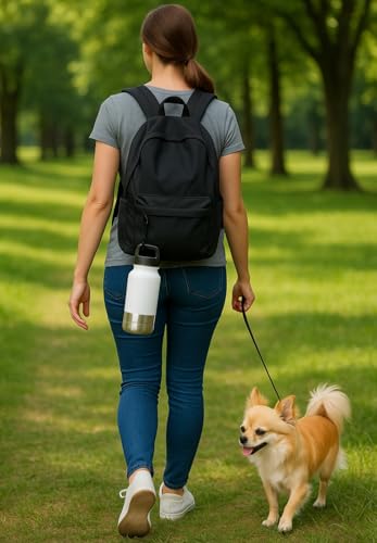 Portable Dog Water Bottle 3-in-1, 32 oz Stainless Steel Travel Dog Water Dispenser with Food Container & Double Bowls, Leakproof for Walking, Hiking & Travel (White)