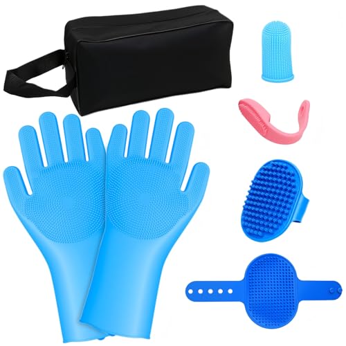 7 PCS Pet Grooming Kit for Dogs and Cats | Dog Washing Gloves | Dog Bath Brush | Cleanroom Gloves | Dog Shampoo Brush | Finger Toothbrushes | Storage Bag | All-in-One Pet Care (Ocean Blue) - color: Ocean Blue