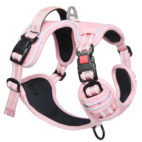 Timos Dog Harness Small Sized, No Pull Pet Harness with Neck Lockable Snap,No Choke Front Clip Dog Reflective Vest,Adjustable Metal Rings 3 Buckles,Easy Control Handle for Small Dogs Lock Pink S - color: Lock Pink, size: Small (Pack of 1)