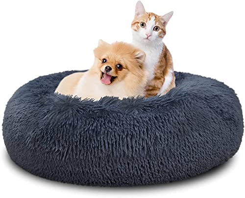 SAVFOX 45 inches Calming Donut Dog Bed - 3X Durable Plush Faux Fur, Machine Washable & Non-Slip, Fits up to 150 lbs, Dark Grey - color: Dark Grey, size: X-Large | 45"x45"