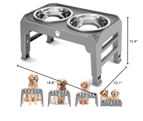 Elevated Raised Dog Bowl Stand with 2 Stainless Steel Bowls, Adjustable Height for Medium Large Dogs, 12.36" - 3.7" Foldable Feeder, Grey - color: Grey, size: Medium dogs