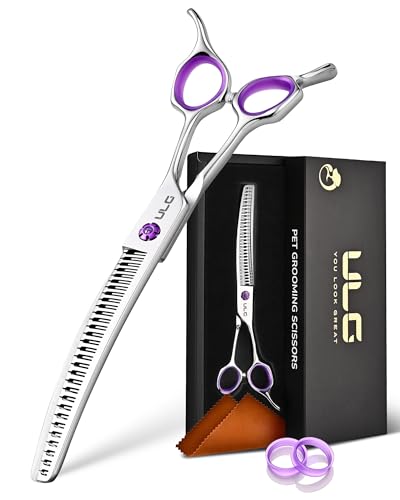 ULG 7.5” Dog Grooming Chunker Shears – 30° Curved Pet Grooming Scissors, Japanese 440C Stainless Steel, 30 Comb & Chunker Teeth, 60% Thinning Rate, Reversible Butterfly Handles for Face, Nose & Body - size: 7.5" Chunker (60% Thinning)