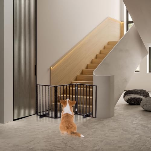 Outvita Freestanding Dog Gate, 24" H Foldable Wooden Pet Barrier Fence,3-Panel Pet Fence with Support Feet for Stairs,Hallways,Doorways, Walnut - size: 24"High