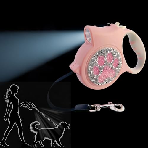 Led Retractable Dog Leash – 16ft Leash with Handcrafted Sparkle Detail Tangle-Free One-Hand Brake Soft Grip Handle for Small & Medium Dogs Up to 77lbs (DL-PK) - color: DL-PK