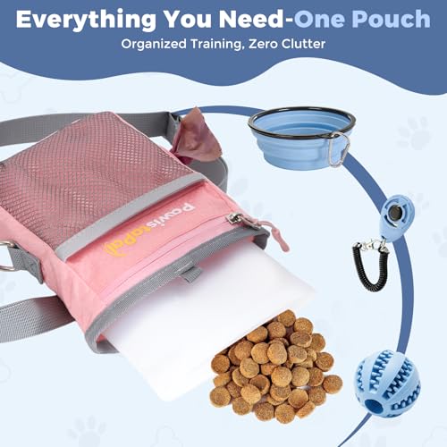 Dog Treat Pouch for Pet Training, One-Hand Magnetic Closure, Hands-Free Treat Bag with Silicone Liner, No Mess No Smell - color: Pink