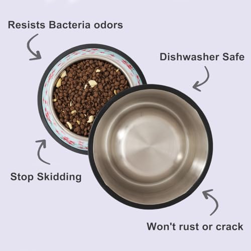 Stainless Steel Dog Bowls, Food and Water Non Slip Anti Skid Stackable Pet Puppy Dishes for Small, Medium and Large Dogs (2 Pack) - color: Sakura, size: 1.5 Cup/12 oz