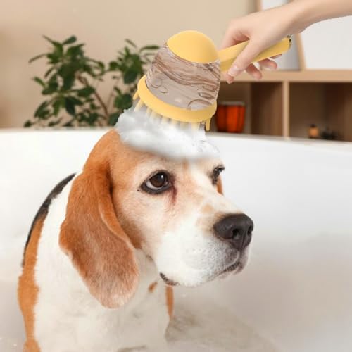 Pet Bath Brush, Dog Grooming Massage Brush with Shampoo Dispenser Adjustable Massage Scrubber for Dogs & Cats Hair - color: White