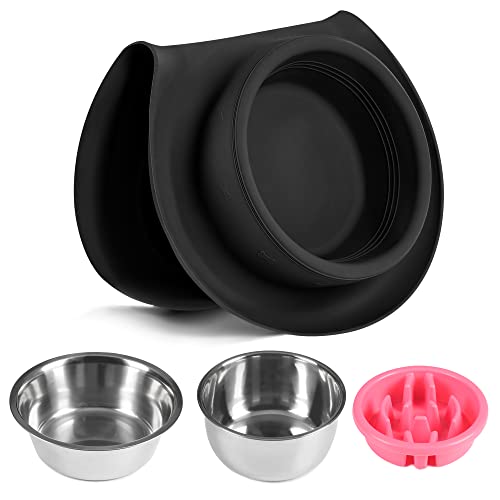 100% Waterproof BPA Free Pet Dog Bowls2 Stainless Steel(53oz+27oz) with 1.35“ Raised Edge Silicone Mat + Slow Feed Dog Water and Food Bowls for Feeding Small Large Dogs Cats Puppies (Black) - color: Black