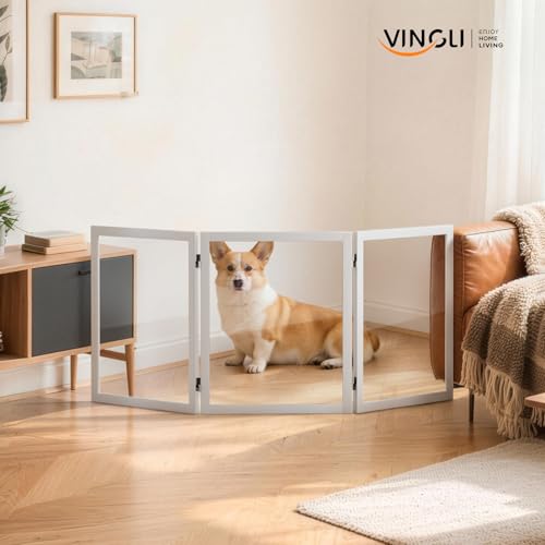 VINGLI Clear Acrylic Freestanding Dog Gate, Transparent Pet Fence with Solid Hardwood and Plastic Board, Pet Gates for Christmas Tree Stairs and Doorways (3 Panels) - size: 3 Panels