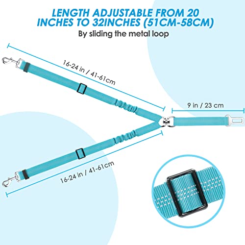 SlowTon Dog Seat Belt, Double Dog Seatbelt Adjustable Vehicle Safety Leash with Elastic Bungee Buffer, Reflective No Tangle Y Shape Two Dog Harness Seat Belt Splitter for Pets Car Trip (Mint Blue, S) - color: C.Mint Blue, size: 2 Small in 1