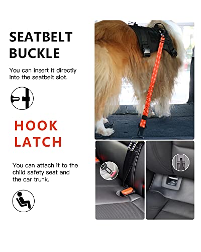 AUBELL Dog Seat Belt for Car,2 Pack Set 3-in-1 Adjustable Reflective Bungee Heavy Duty Dog Car Harness Tether with Clip Hook Latch & Buckle,Swivel Zinc Alloy Carabiner,Black+Orange - color: Set Black+Orange