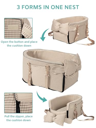 Prpeko Dog Car Seat for Small Dogs,Center Console Seat for Puppy,Anti-Collapse Pet Car Seat with Soft Cushion Safety Belt, Portable Car Armrest Seat for Dog & Cat Under 15 lbs (Grid-Brown)