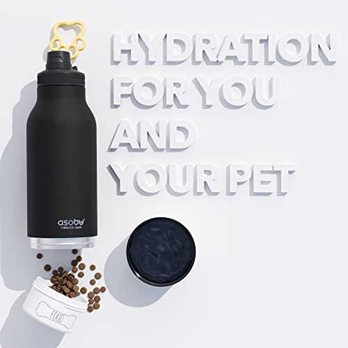 asobu Dog Barky Bottle - 음식, 간식 및 물을 위한 탈착식 강아지 그릇 2개가 있는 단열 스테인리스 스틸 물병 - 하이킹, 도로 여행 및 야외 모험을 위한 반려동물 친화적인 여행용 병 - color: 블랙.
