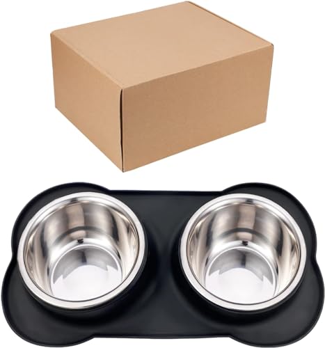 AsFrost Dog Food Bowls Stainless Steel Dog Bowls, Dog Food and Water Bowl Set with No Spill Non-Skid Silicone Mat, Dog Dishes for Small Medium Large Sized Dogs Pet Cat Food Bowls, 6 Cup, Black - color: Black, size: 6 Cup/50 oz each
