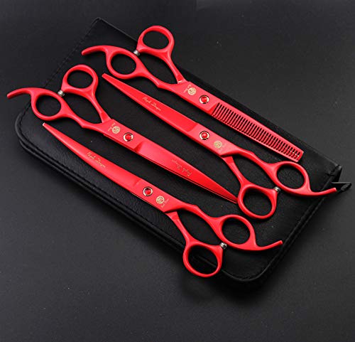 Purple Dragon Professional 7.0 inch 4PCS Pet Grooming Scissors Kit Japan Premium Steel Straight & Curved & Thinning Blade Dog Hair Cutting Shears Set with Case - color: Red