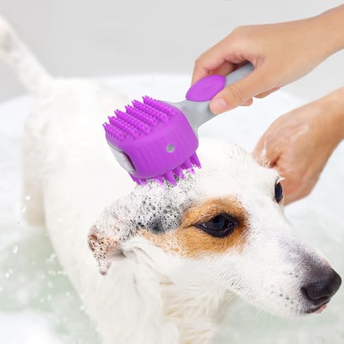 Pet Bath Brush, 2 in 1 Dog Grooming Brush with Built-in Shampoo Dispenser for Dogs and Cats Shower - color: Purple