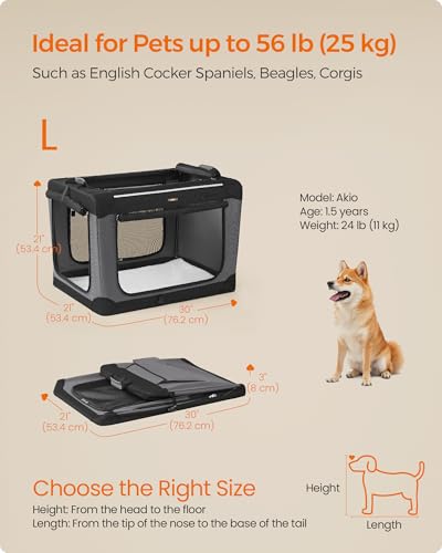 Feandrea Collapsible Dog Crate, 30-Inch Portable Dog Travel Crate for Medium Dogs, Oxford Fabric Pet Carrier with 4 Mesh Doors, Handles, Storage Pocket, Water Bottle Holder, Ink Black UPDC017B01 - size: L(30"L x 21"W x 21"H)