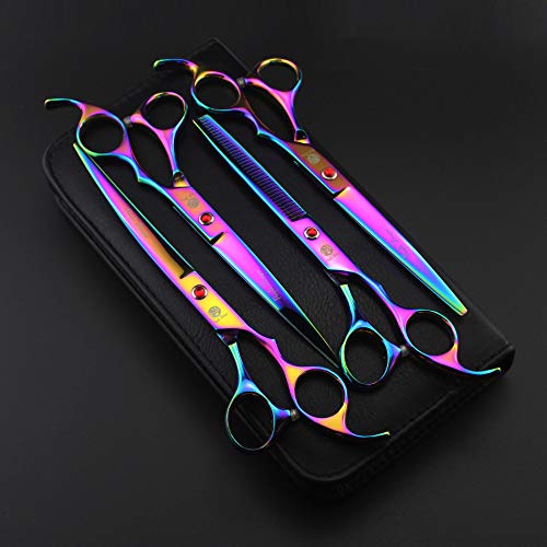 Purple Dragon Professional 7.0 inch 4PCS Pet Grooming Scissors Kit Japan Premium Steel Straight & Curved & Thinning Blade Dog Hair Cutting Shears Set with Case - color: Rainbow
