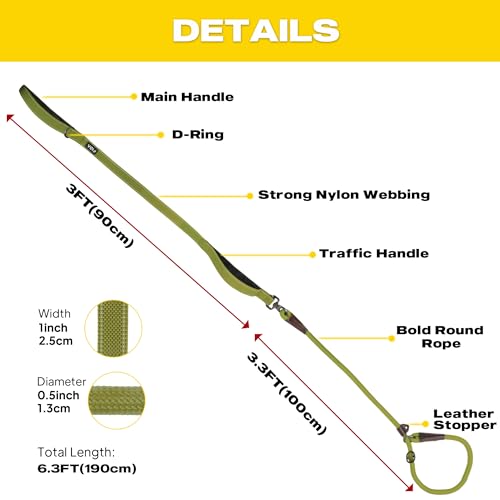 Fida 2-in-1 Slip Leads for Dogs with Double Handles, Tangle Free Leash for Large Dogs that Pull, Heavy Duty No Pull Training Leash Reflective Soft Padded for Large & Medium Breed(6ft,Green) - color: Green