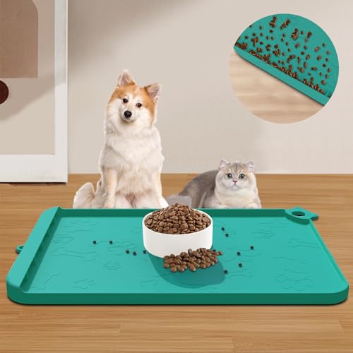Silicone Pet Feeding Mat - Waterproof Dog & Cat Bowl Mat with Raised Edges, Hooks & Residue Collection Pocket - color: Turquoise Green, size: 36''x24''