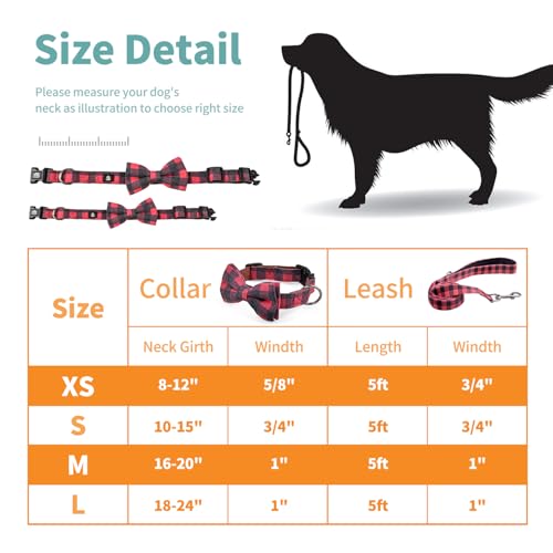 IVY&LANE Dog Collar with Bowtie and Leash Set | Plaid Adjustable Dog Collar | Detachable Bow Tie |5 FT Dog Leash | for Small Medium Large Dogs | Checkered Red | Small - color: Checkered Red, size: S