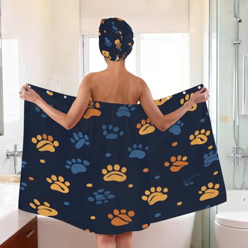 Dog Paw Orange Blue Microfiber Bathrobe and Hair Towel Wrap Set for Women Quick Dry Shower Towels Wrap Absorbent Soft Bath Robe and Hair Drying Cap for Spa After Shower