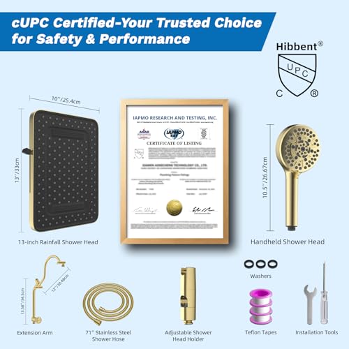 Hibbent cUPC Certified 13'' Shower Head Combo, High Pressure 5 Spray Rainfall Showerhead, 10 Spray Handheld, All Metal Easy Reach 4-way Diverter Arm with Pause Mode, 71'' Hose and Holder, Brushed Gold - color: Brushed Gold, style: Square 13"