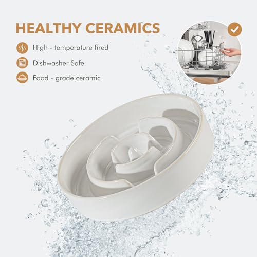 Havniva 1.6 Cup Elevated Slow Feeder Dog Bowls, 8.2” Dog Slow Feeding Bowls + 7.3” Ceramic Dog Water Bowls Set with Acacia Wood Stand Dog Food Bowls Puzzle Feeder for Medium Dogs Non-Slip Anti-choking - color: 2 x White + Stand - A, size: L- 8.2inch / 1.6