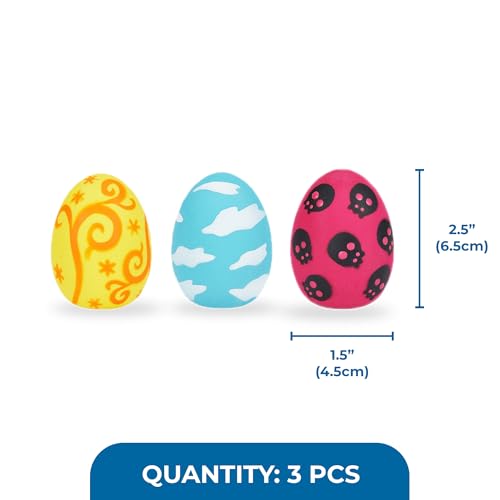 SunGrow Squeak Balls for Dogs, Companion for Puppies and Small Breeds, 3 Assorted Easter Egg Designs, Indoor, Outdoor Interactive Throw and Fetch Orbs, Soft Rubber, Blue, Pink and Yellow, 2.5x1.5