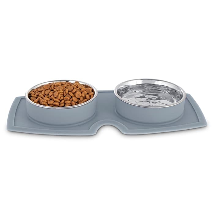 EveryYay by Petco Silicone Double Diner Stainless Steel Dog Bowl Set, Grey, 2 Cups - color: Gray