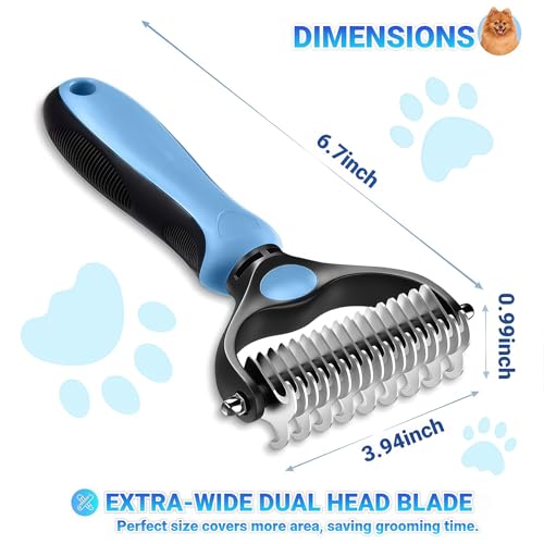 2026 New Double-Sided Deshedding Dematting Tool, Undercoat Rake for Dogs & Cats, Extra-Wide Dog Grooming Brush & Deshedder Comb for Long Hair (Blue) - color: Blue