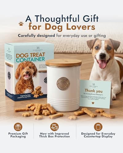 Dog Treat Container Airtight with Bamboo Lid - Premium White Metal Jar for Countertop Storage, 6.4 Cup Capacity, Easy to Open - Decorative Dog Cookie Jar for Kitchen Counter
