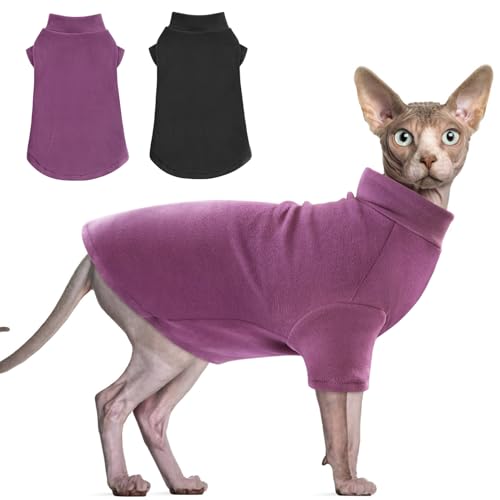 Idepet Sphynx Cats Sweater 2 Pack,Turtleneck Hairless Cat Shirt Soft and Warm Kitten Clothes with Sleeves Pullover Pet Winter Pajamas Jumpsuit for Cat Puppy (Black&Purple, X-Large) - color: Black&Purple, size: X-Large