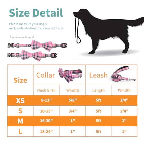 IVY&LANE Dog Collar with Bowtie and Leash Set | Plaid Adjustable Dog Collar | Detachable Bow Tie |5 FT Dog Leash | for Small Medium Large Dogs | Checkered Pink | Small - color: Checkered Pink, size: S