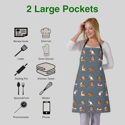 Dog or Paw Apron - 33" x 28" Large with 26" Waist Ties, Lightweight, with 2 Pockets for Your Cooking Essentials - style: English Bulldog Yoga