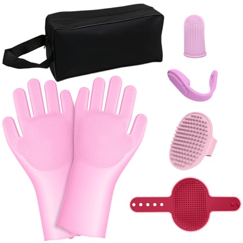 7 PCS Pet Grooming Kit for Dogs and Cats | Dog Washing Gloves | Dog Bath Brush | Cleanroom Gloves | Dog Shampoo Brush | Finger Toothbrushes | Storage Bag | All-in-One Pet Care (Pink) - color: Cherry Blossom Pink