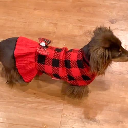 KYEESE Dog Christmas Sweater Dress with Bowtie Checkered, Turtleneck Dog Sweater for Small Dogs Girl with Leash Hole, Holiday Warm Pet Sweaters Dress, Red, Medium - color: 09#Red Plaid, size: Medium (6-13lbs)