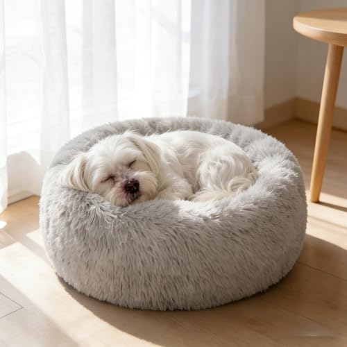 SAVFOX 23 inches Calming Donut Dog Bed - 3X Durable Plush Faux Fur, Machine Washable & Non-Slip, Fits up to 25 lbs, Light Grey - color: Light Grey, size: Small | 23"x23"