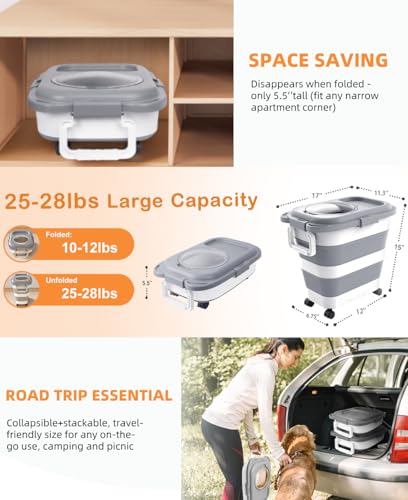 HOYTAMDAR 25-28lbs Dog Food Storage Container, Collapsible Dog Food Container, Wheels, Handle, Airtight Pet Food Storage Container, Scoop, Small Dry Container For Dog Cat Bird Food - color: Grey-28lbs